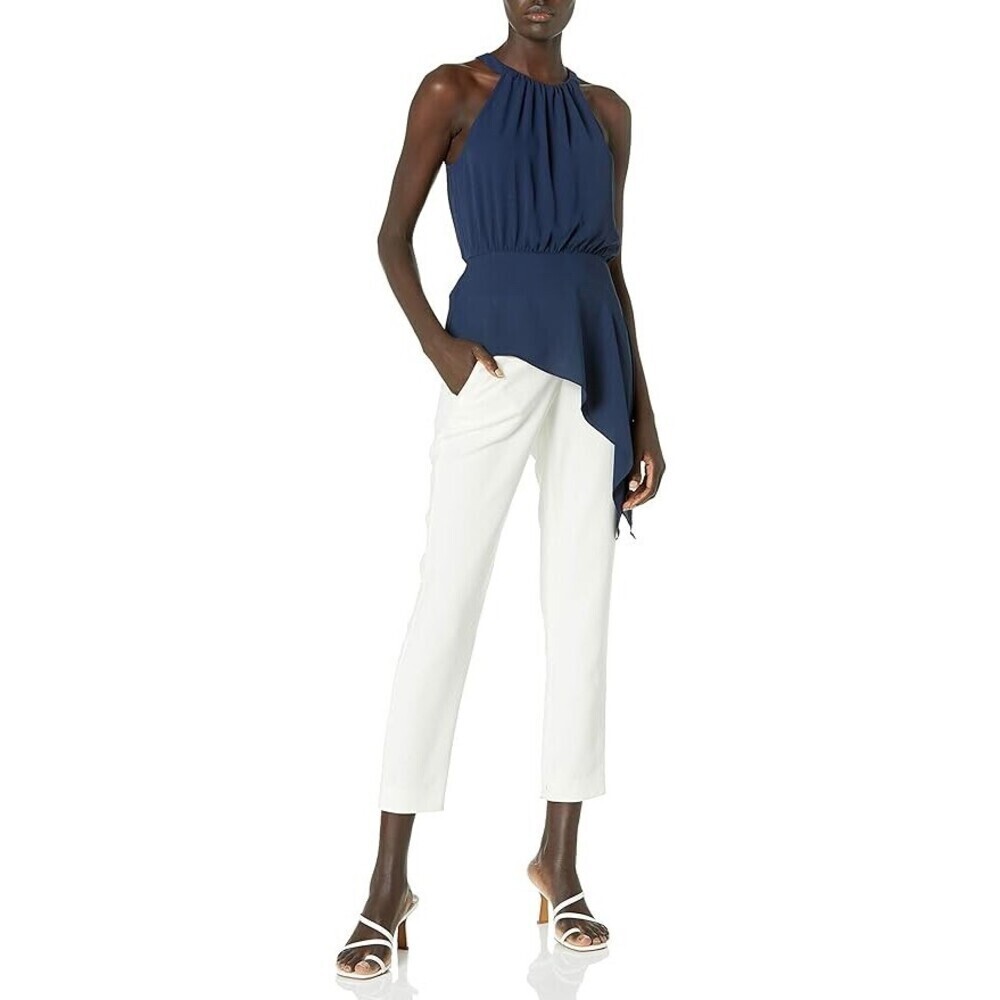 BCBGMAXAZRIA Caryn Asymmetrical Drape Sleeveless Blouse Top Navy Size XXS $179